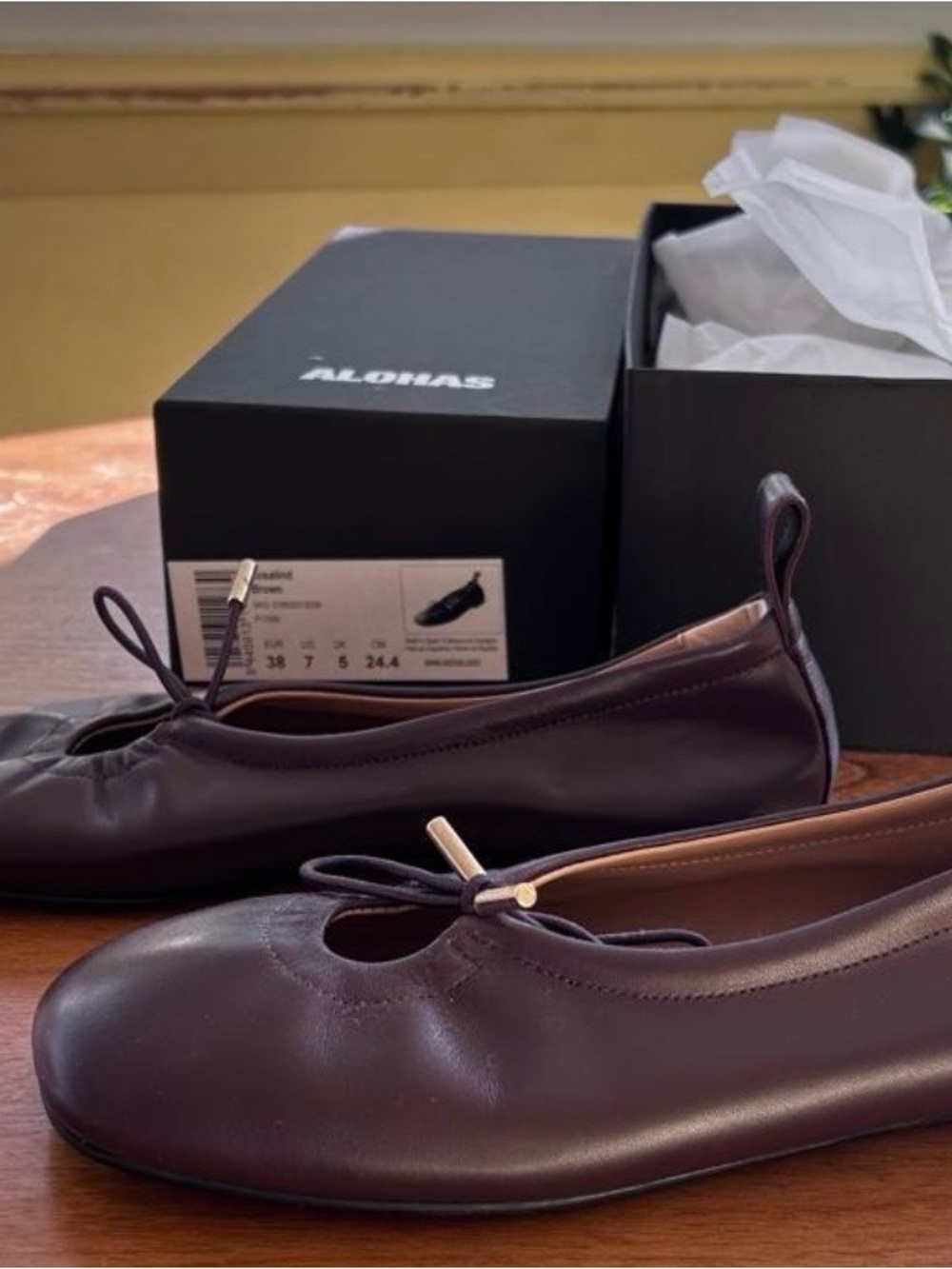 ALOHAS Dark Brown Leather Ballet Flats with Bow Accent - Picture 4 of 6